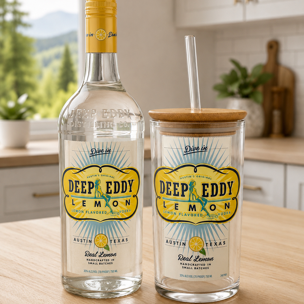 Deep Eddy Lemon Vodka® 24 oz Upcycled Bottle Tumbler with Bamboo Lid & Glass Straw
