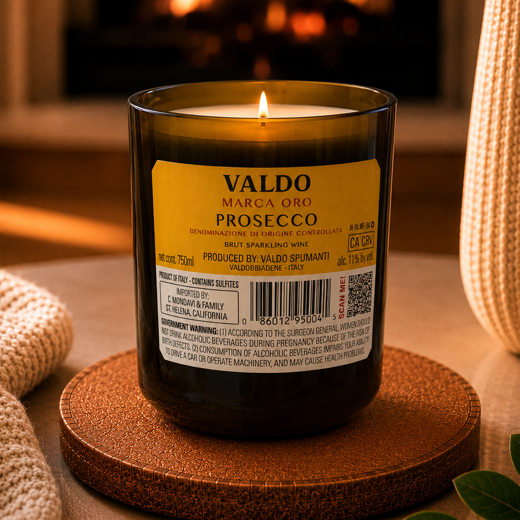 Valdo Marca Oro Prosecco® Bottle Candle – 16 oz | Handcrafted Upcycled Wine Bottle Candle